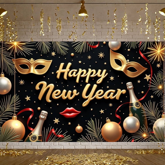 Gold Theme New Year Banner Champagne Design Happy New Year Banner Golden Stars Red Ribbon Celebration Banner for New Year Party Holiday Celebration Indoor Party