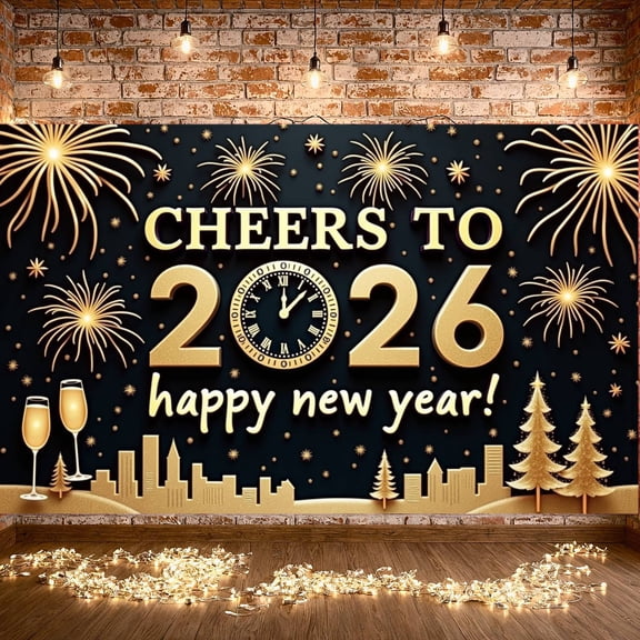 Gold Theme New Year Banner Fireworks Design 2026 Banner Clock Pattern Champagne Cup Happy New Year Banner for New Year Party 2026 Celebration New Year Eve