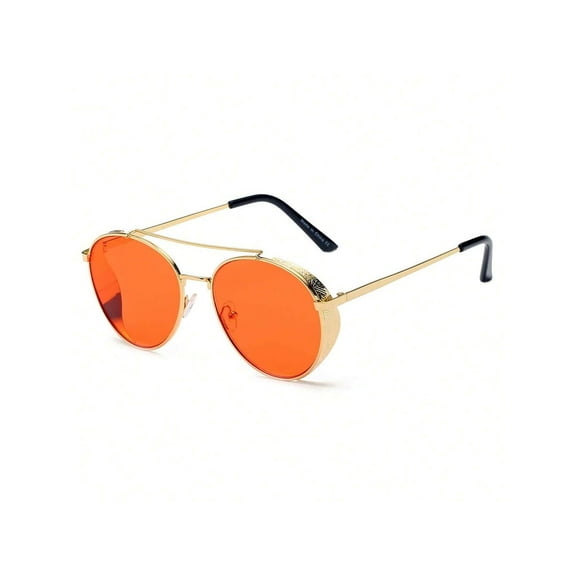Gold Thin Frame Round Sunglasses - Orange-Red Lens UV Protection Bold Summer Eyewear