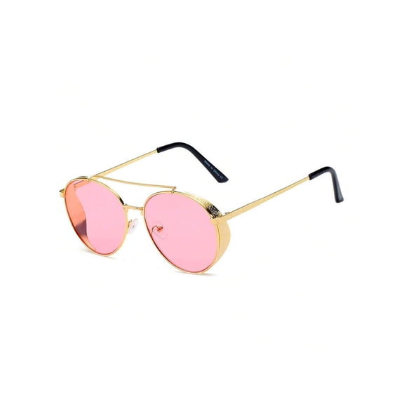 Gold Thin Frame Round Sunglasses - Pink Lens UV Protection Cute Daily Casual Eyewear