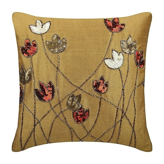 Gold Throw Pillow Cover Couch, Sequins & Beaded Tulip Flower Floral Theme Pillow Cover, 20x20 inch (50x50 cm) Throw Pillow Cover, Floral Contemporary Pillow Cover - Tulip Sparkle