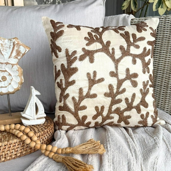 Gold Throw Pillow Cover, Floral Pillow Cover, 12x12 inch (30x30 cm) Pillow Case, Art Silk Square Throw Pillow Cover, Coral Design Pillowcases, Beach, Sea Creatures - Coral Shine