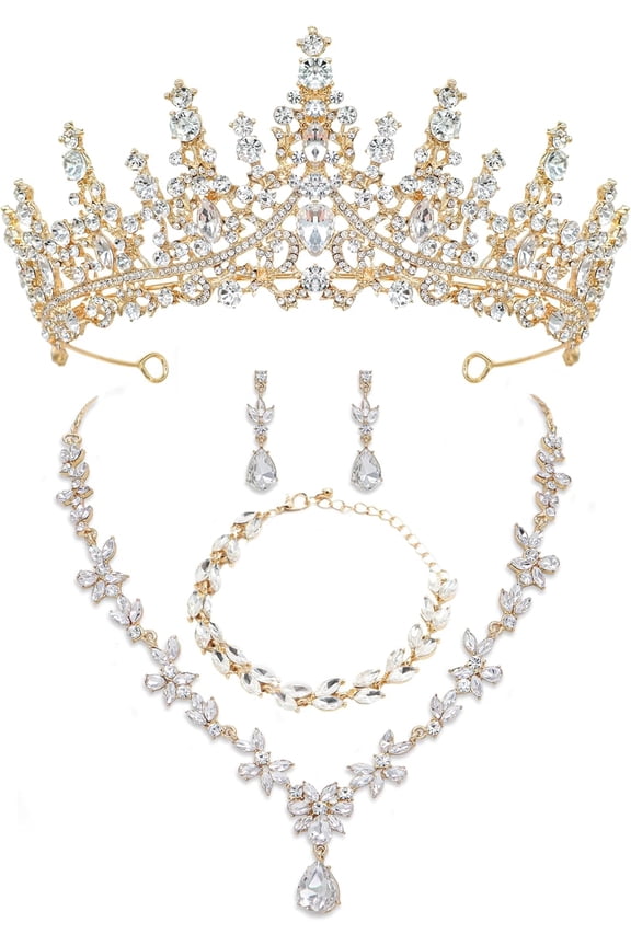 Gold Tiaras and Crowns for Women, Earrings Necklace, Crystal Bridal Jewelry Set, Costume Party Halloween Prom Pageant Jewelry for Women