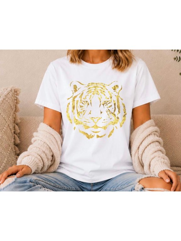Gold Tiger Face Graphic T-Shirt, Vintage Tiger Mascot Game Day Tee, Size S-4XL