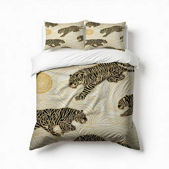 Gold Tigers Elegant Pattern Bedding Set 3 Pcs Soft Microfiber Quilt Cover For Bedroom Decor, Comforter Cover With 2 Pillowcase