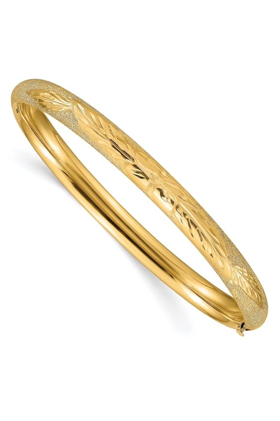 14K Yellow Gold Women's Floral Diamond-Cut Hinged Bangle Bracelet - 7 inches