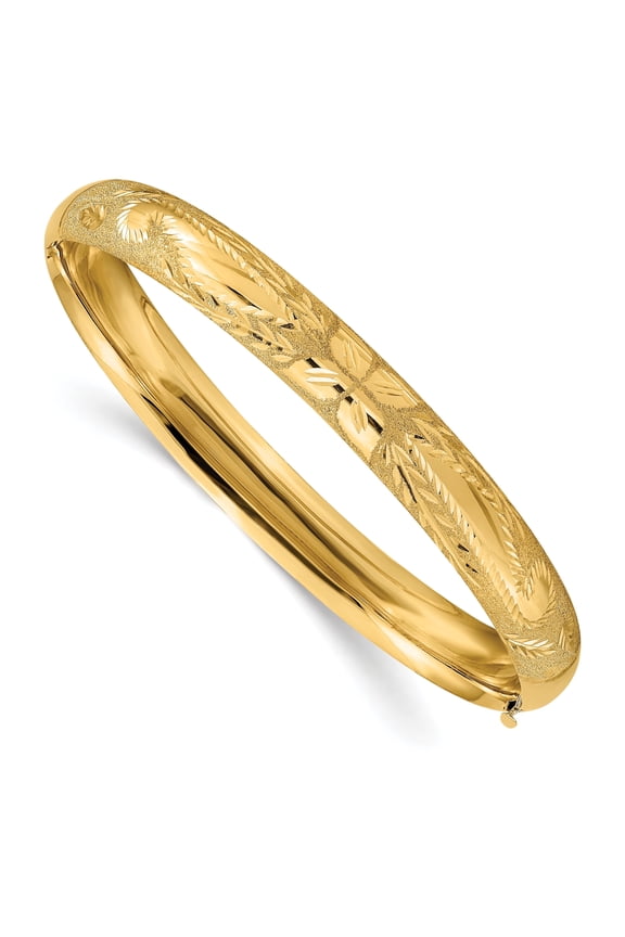 14k Yellow Gold Floral Design Women's Bangle Bracelet - 7 inches