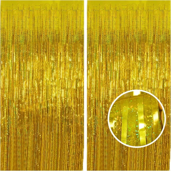 Gold Tinsel Curtain Backdrop – 2 Pack 3.2 ft x 8 ft Metallic Foil Fringe Curtains for Class of 2026 Decorations, Birthday Decorations, Photo Booth Backdrop, Sparkle Gold Party Streamers
