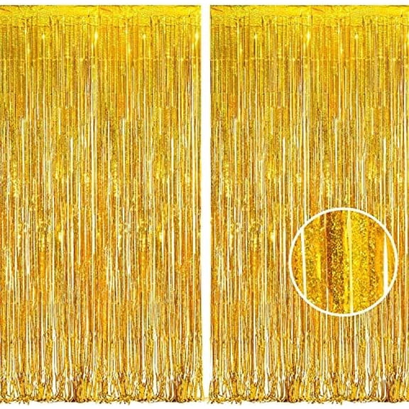 Gold Tinsel Foil Fringe Curtains - 2Pcs 3.2x8.2ft Holidays Photo Backdrop for Men 60th Birthdays/Bridal Wedding/Engagement/Anniversary/Hawaiian/Luau/Christmas/New Years Party Decorations
