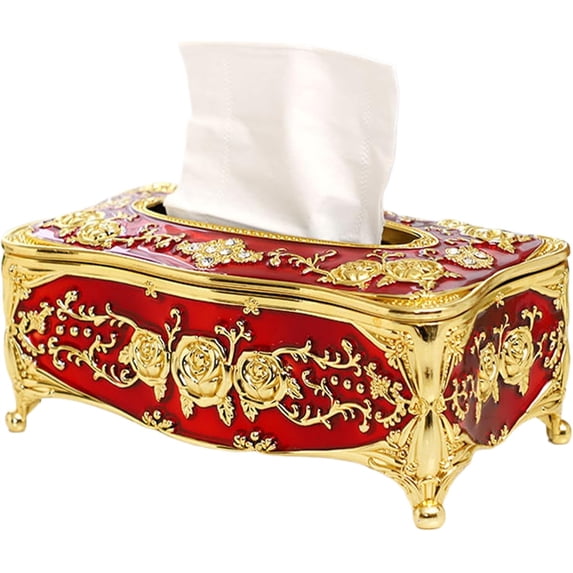 Gold Tissue Box Cover: Plastic Paper Napkin Holder, Rectangular Luxurious Elegant Rose Design Tissues Boxes, Home Decor for Bathroom, Bedroom, Living Room, Office (Red)