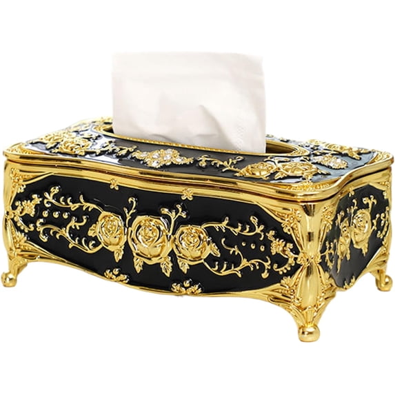Gold Tissue Box Cover: Plastic Paper Napkin Holder, Rectangular Luxurious Elegant Rose Design Tissues Boxes, Home Decor for Bathroom, Bedroom, Living Room, Office (Black)