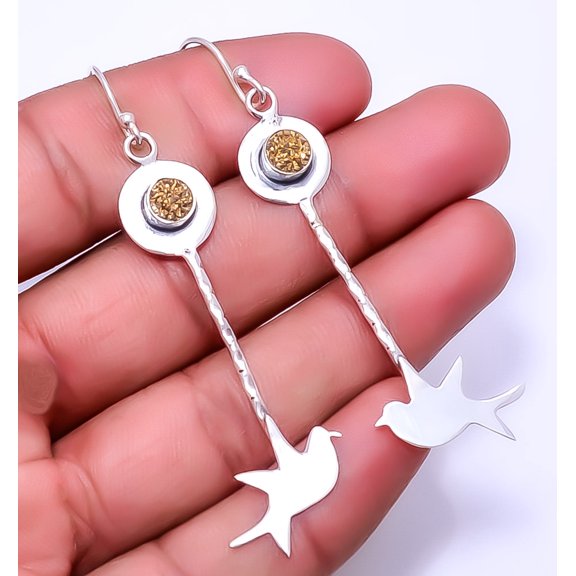 Gold Titanium Agate Drusy 925 Sterling Silver Flying Bird Earring 2.89" E14