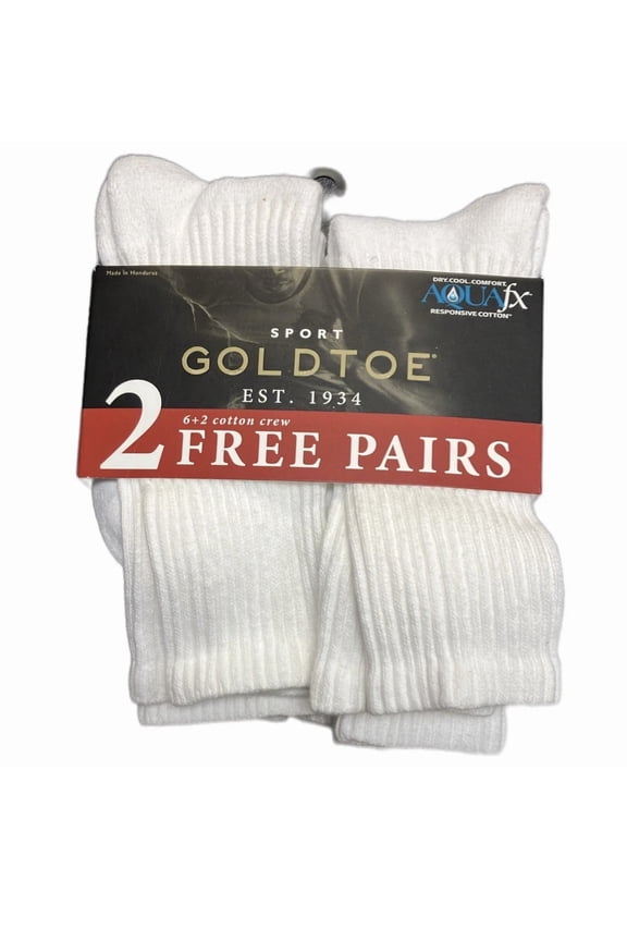 Gold Toe Sport Cotton Crew Socks 8 Pack White AquaFX Cushioned Men's Size 6-12.5