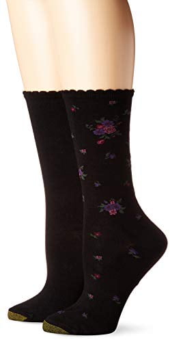 Gold Toe Women's Little Black Bouquet Flat Knit Crew Socks, 2 Pairs, Shoe Size: 6-9