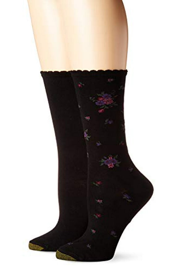 Gold Toe Women's Little Black Bouquet Flat Knit Crew Socks, 2 Pairs, Shoe Size: 6-9