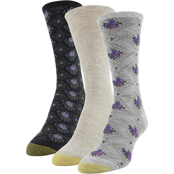 Gold Toe womens Diamond Floral Dress Crew Socks, 3 Pairs