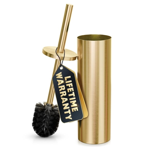 Gold Toilet Brush and Holder Set - Brushed Stainless Steel Gold Toilet Bowl Brush and Holder with Replacable Head, Removable Inner Bowl, and Splash Protection - Dense Bristles for Through Cleaning