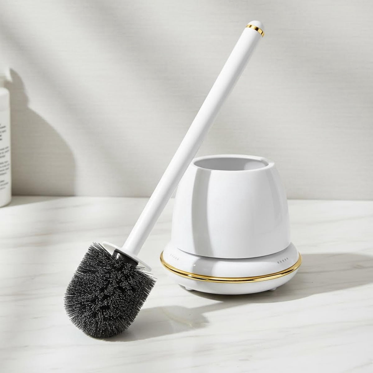 Gold Toilet Brush and Holder Set, Toilet Bowl Brush with Long Handle, Easy to Assemble Compact Toilet Scrubber, No Leaks with Vent, Stylish Bathroom Accessories.