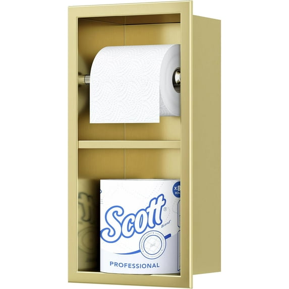 Gold Toilet Paper Holder, Contemporary Hotel Style Pivoting in Wall Toilet Paper Holder, Stainless Steel Recessed Tissue Paper Roll Holder, Double roll
