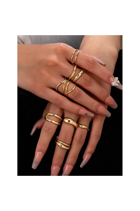 Gold Tone Abstract Open Design Ring Set For Women, 3pcs Modern Minimalist Stackable Rings