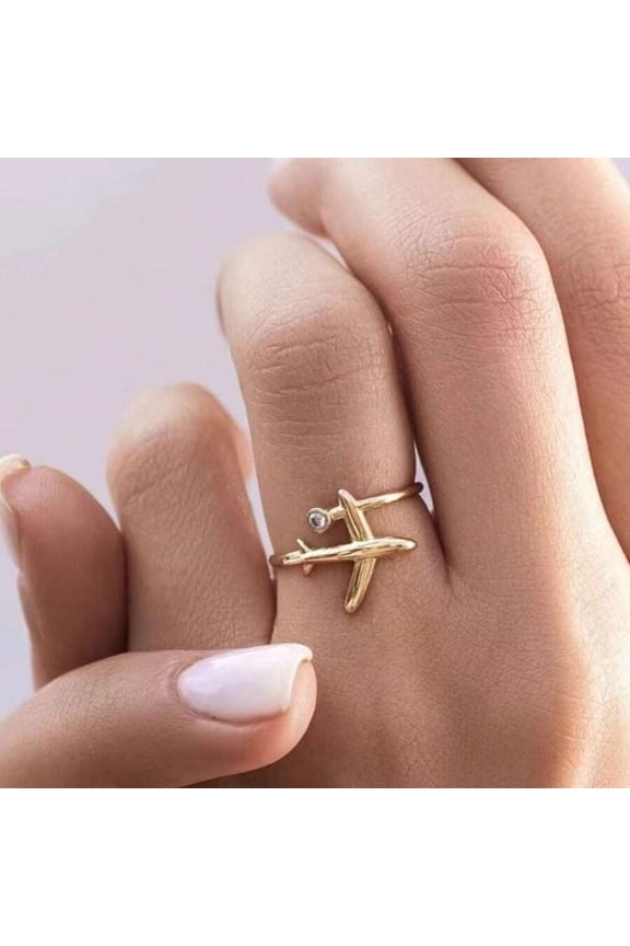 Gold Tone Airplane Ring With Clear Crystal Accent For Women
