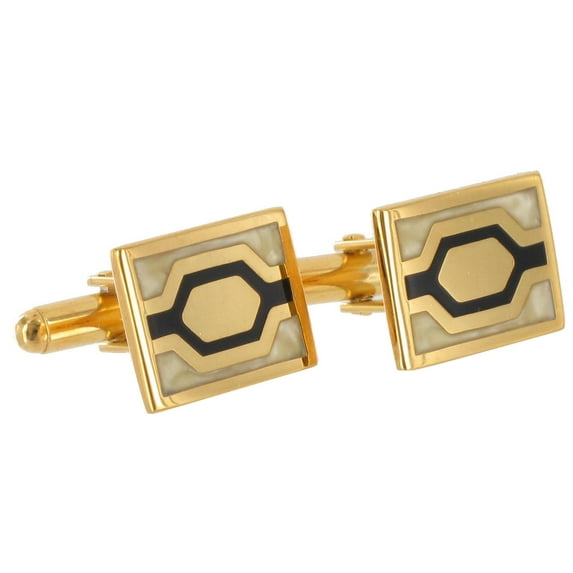 Gold Tone Black Off White Enamel Hexagon Rectangle Cufflinks Mens Adult Male