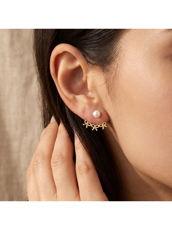 Gold Tone Bow Earrings for Women, Dainty Rhinestone Stud & Pearl Earring Jackets, Hypoallergenic Jewelry for Sensitive Ears