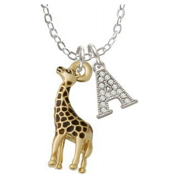 Gold Tone Brown Giraffe - A - Crystal Initial Sophia Necklace, 18"+1"
