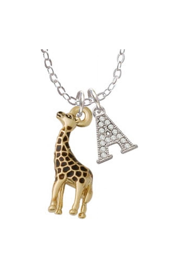 Gold Tone Brown Giraffe - A - Crystal Initial Sophia Necklace, 18"+1"