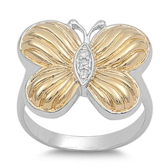 Gold-Tone Butterfly White Cubic Zirconia Ring .925 Sterling Silver Band Jewelry Female Male Size 6