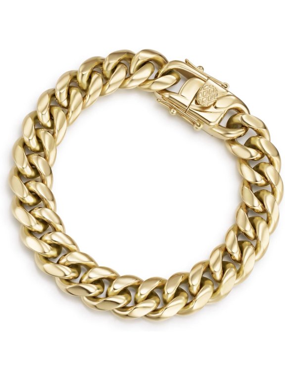 Gold-Tone Chunky Cuban Link Bracelet for Men & Women - 10mm Flat Chain Bracelet with Double Safety Clasp, Hip Hop Jewelry Gift for Him & Her