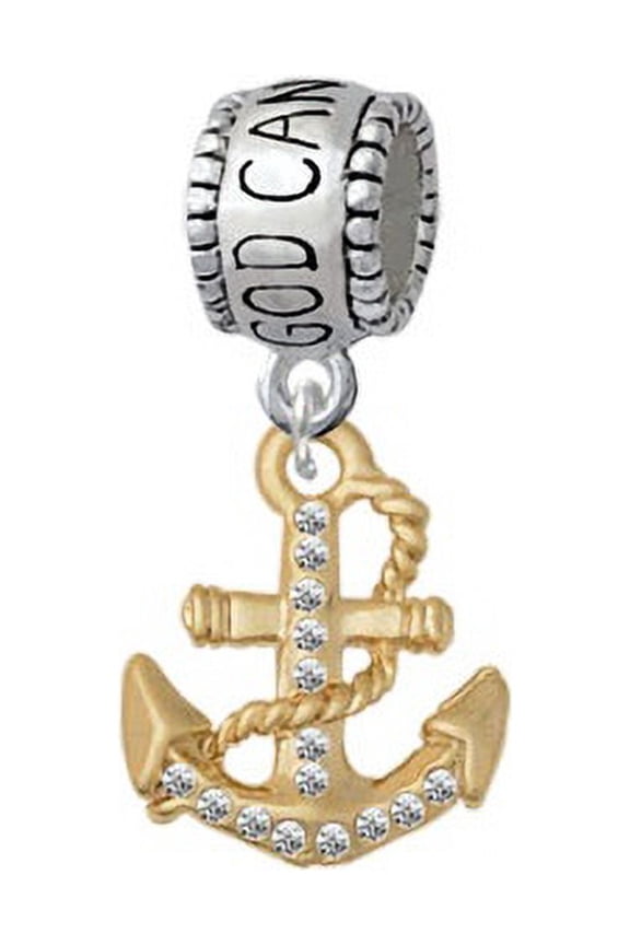 Gold Tone Clear Crystal Anchor - God Can Charm Bead