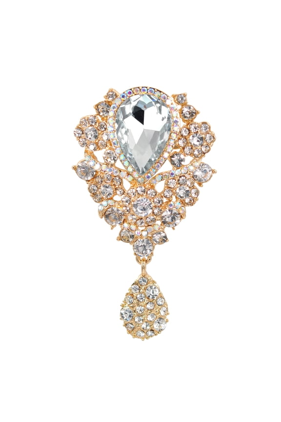 Gold Tone Clear Crystal Rhinestone Floral Teardrop Brooch Pin Costume Wedding Formal Accessory