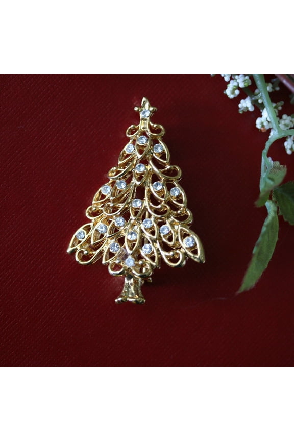 Gold-Tone Clear Rhinestone Christmas Tree Brooch Xmas Tree Pin