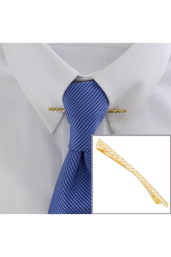 Gold Tone Collar Bar Clip Ribbed Etched Pattern 2 1/2" Mens Adult Male