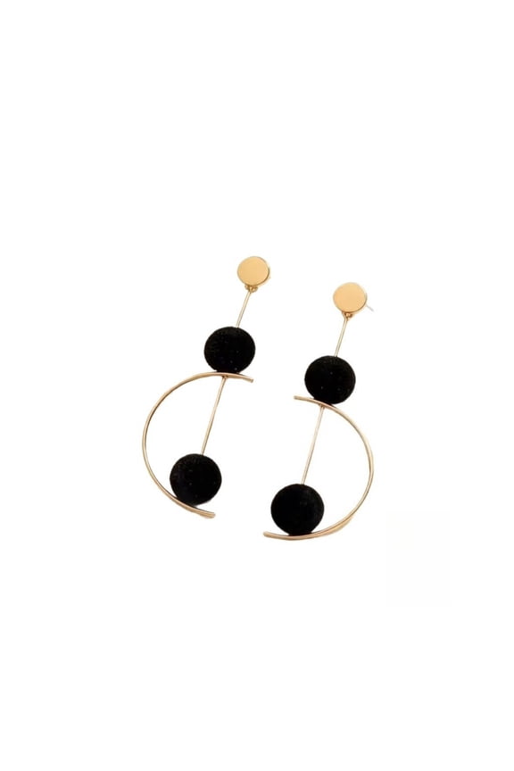 Gold Tone Crescent Moon Faux Fur Pom Pom Drop Earrings for Women Tassel Dangle Earrings with Black and Gold Geometric Design
