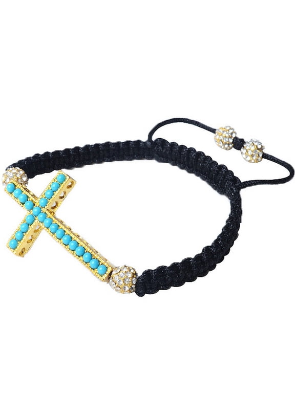 Gold-Tone Cross Turquoise-Tone Blue Green Beaded Adjustable Macrame Bracelet