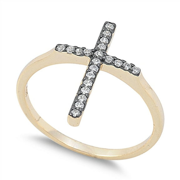 Gold-Tone Cross White Cubic Zirconia Wholesale Ring .925 Sterling Silver Band Jewelry Female Size 5