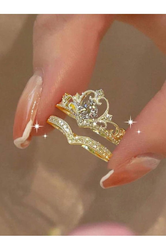 Gold Tone Crown Princess Cubic Zirconia V-Shaped Geometric Ring Set For Party And Daily Wear