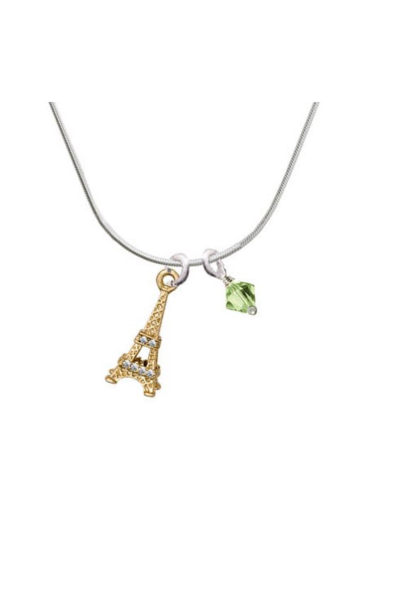 Gold Tone Crystal Eiffel Tower - Lime Green Bicone Crystal Necklace