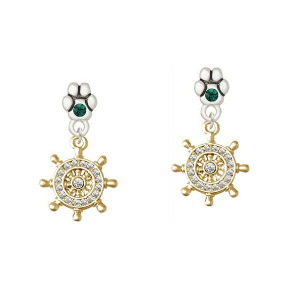 Gold Tone Crystal Ship Wheel - Green Crystal Paw Earrings