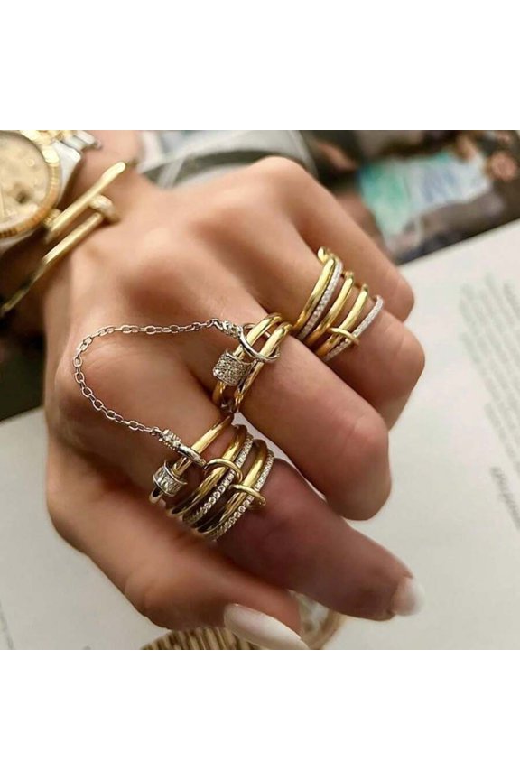 Gold Tone Cubic Zirconia Inlaid Mixed Metal Stackable Rings Set For Daily Wear Party Festival