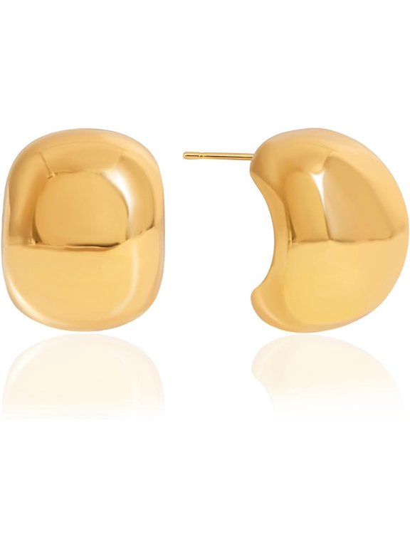 Gold-Tone Curved Dome Stud Earrings for Women - Chunky Concave Square Earrings with Polished Finish, Vintage Boho Statement Jewelry Gift