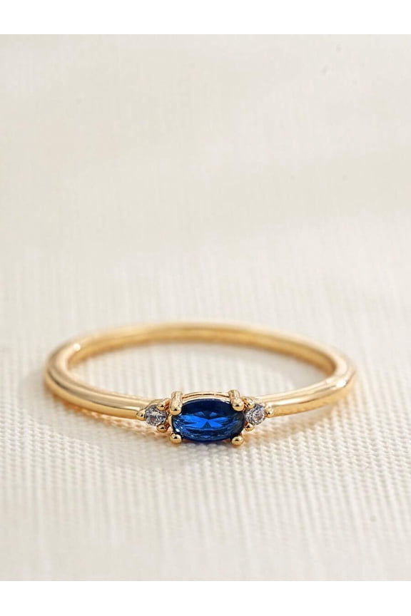 Gold-Tone December (Dark Blue) Birthstone Ring With Oval Sapphire Gemstone, Minimalist Stackable Design For Adults