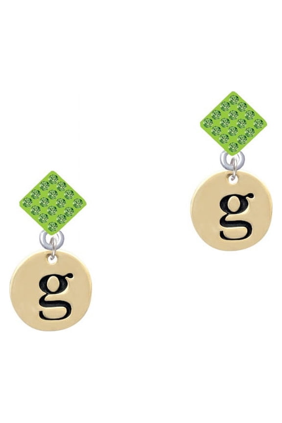 Gold Tone Disc 1/2'' Initial - g - Lime Green Crystal Diamond-Shape Earrings