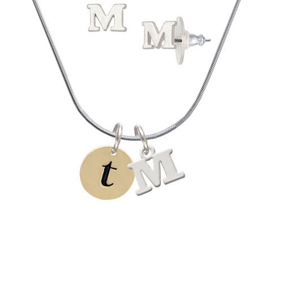 Gold Tone Disc 1/2'' Initial - t - - M Initial Charm Necklace and Stud Earrings Jewelry Set