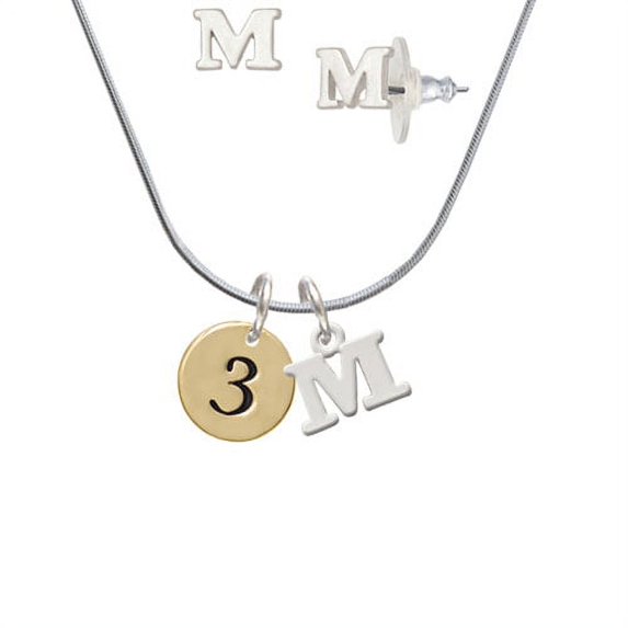 Gold Tone Disc 1/2'' Number - 3 - - M Initial Charm Necklace and Stud Earrings Jewelry Set