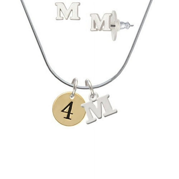 Gold Tone Disc 1/2'' Number - 4 - - M Initial Charm Necklace and Stud Earrings Jewelry Set