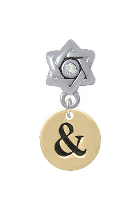 Gold Tone Disc 1/2'' - Symbol - Ampersand - & - Star of David with Clear Crystal Charm Bead