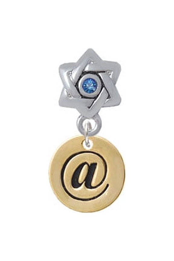 Gold Tone Disc 1/2'' - Symbol - At Sign - @ - Star of David with Blue Crystal Charm Bead